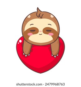 Cute Sloth with Big Love Hearth Cartoon Character. Adorable and Kawaii Animal Concept Design. Icon Mascot Vector Illustration