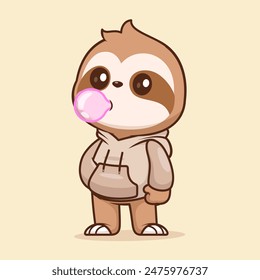 Cute Sloth Blowing Gum With Hoodie Cartoon Vector Icon Illustration. Animal Fashion Icon Concept Isolated Premium Vector. Flat Cartoon Style