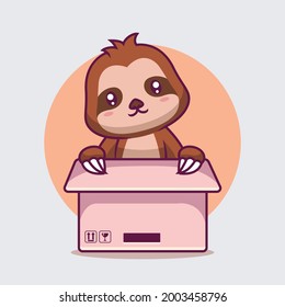 Cute sloth in box cartoon illustration The Concept of Isolated Technology. Flat Cartoon Style Suitable for Landing Web Pages, Banners, Flyers, Stickers, Cards