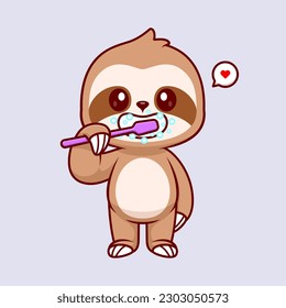 Cute Sloth Brushing Teeth Cartoon Vector Icon Illustration. Animal Healthy Icon Concept Isolated Premium Vector. Flat Cartoon Style