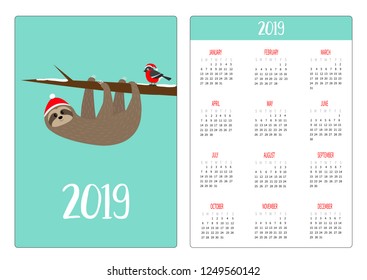 Cute sloth, bulfinch on branch. Red Santa hat. Simple pocket calendar layout 2019 new year. Week starts Sunday. Cartoon character. Vertical orientation. Flat design Blue background Vector illustration