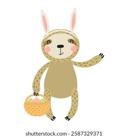 Cute sloth with bunny ears, holding Easter eggs in basket character illustration. Hand drawn flat style design, isolated vector. Holiday clip art, kids print element, seasonal card, banner, poster