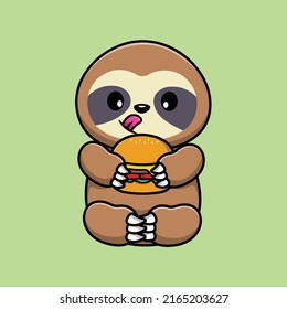 Cute Sloth With Burger Cartoon Vector Icon Illustration. Animal Food Icon Concept Isolated Premium Vector.