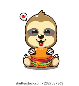 cute sloth with burger cartoon vector illustration.