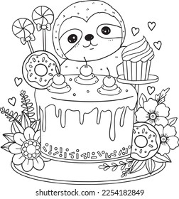 Cute sloth with cake and desserts. Hand drawn with black and white lines. Coloring for adults and kids. Vector Illustration.