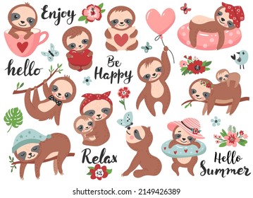 Cute sloth with calligraphy quotes. Hand drawn vector illustration.