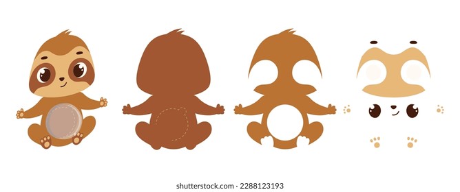 Cute sloth candy ornament. Layered paper decoration treat holder for dome. Hanger for sweets, candy for birthday, baby shower, halloween, christmas. Print, cut out, glue. Vector illustration.