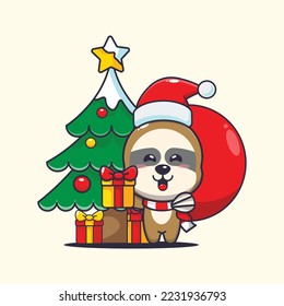 Cute sloth carrying christmas gift. Cute christmas cartoon illustration.