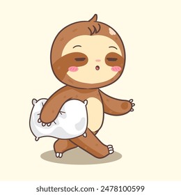 Cute Sloth Carrying a Pillow Cartoon Character. Adorable and Kawaii Animal Concept Design. Icon Mascot Vector Illustration