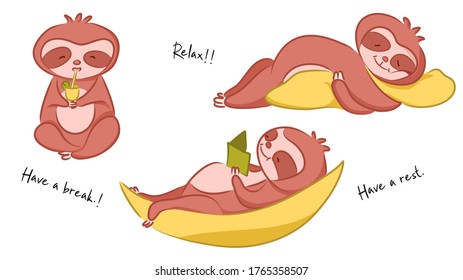 かわいいナマケモノのキャラクター ナマケモノが眠り 読書 ジュースを飲む休憩や休憩のコンセプトを持って ベクターイラスト フラットデザイン のベクター画像素材 ロイヤリティフリー Shutterstock