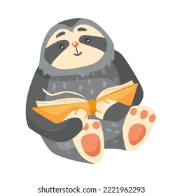 Cute sloth cartoon character reading vector illustration. Drawing of smart comic animal sitting and holding book isolated on white background. Library, wildlife concept