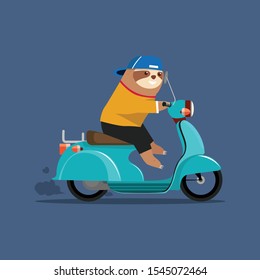 cute sloth cartoon character riding motorcycle, isolated on background