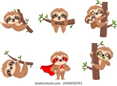 Cute Sloth Cartoon Characters. Vector Flat Design Collection Set Isolated On Transparent Background