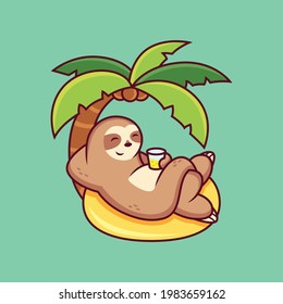 Cute Sloth Cartoon Relax in Summer. Animal Vector Icon Illustration, Isolated on Premium Vector