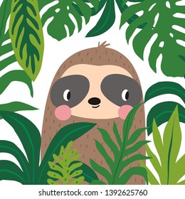 Cute sloth cartoon vector illustration. Wild sloth  in exotic tropical leaves. Hand drawn vector illustration for posters, cards, t-shirts.