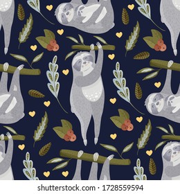 Cute sloth cartoon vector seamless pattern in a flat style. Slow lazy animal family nature kid print on a dark background.