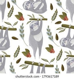 Cute sloth cartoon vector seamless pattern in a flat style. Slow lazy animal family nature kid print on a white background.