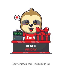 cute sloth with cashier table in black friday sale cartoon vector illustration