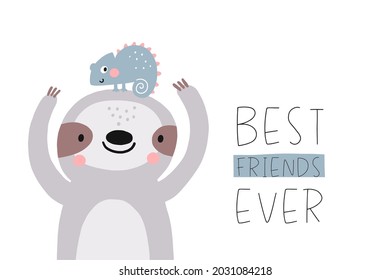 Cute sloth and chameleon - Best friends ever. Vector illustration cute animals friends characters
