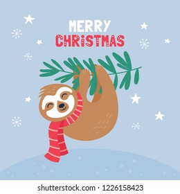 Cute sloth character Christmas card. Childish print for t-shirt, apparel, cards and nursery decoration. Vector Illustration