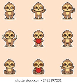 Cute Sloth character different poses illustration. Cartoon character design. Flat Cartoon Style. Cute Animal Set.