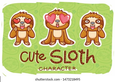 cute Sloth Character with face expressions: in love with hearts, shocked, dazed. Hand drawn doodle illustration for web, stickers, emoji, emoticons, print, poster