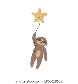Cute sloth character flying on a star, color isolated boho style illustration