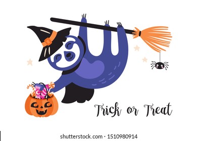 Cute sloth character Halloween holiday card. Childish print for t-shirt, apparel, cards and nursery decoration. Vector Illustration