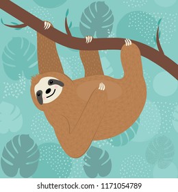 Cute sloth character hanging on a tree - hand drawn sloth cartoon illustration with tropical pattern in the background