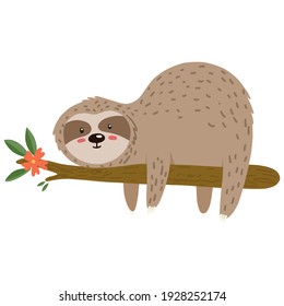 Cute sloth character hanging on the tree. Illustration for nursery design, poster, congratulations, greeting card.