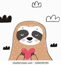 Cute sloth character with heart. Valentines day background with Funny cartoon sloth. You can use the print design for t-shirts, posters and cards