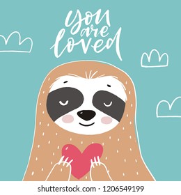 Cute sloth character with heart. Valentines day background with Funny cartoon sloth. You can use the print design for t-shirts, posters and cards