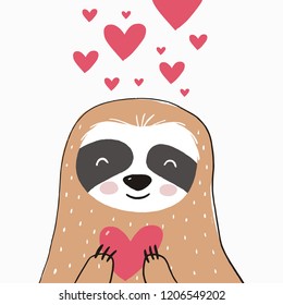 Cute sloth character with heart. Valentines day background with Funny cartoon sloth. You can use the print design for t-shirts, posters and cards