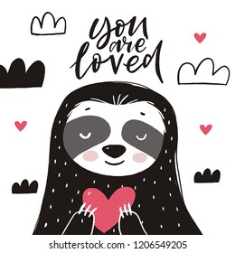 Cute sloth character with heart. Valentines day background with Funny cartoon sloth. You can use the print design for t-shirts, posters and cards