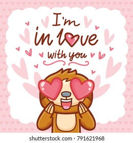 Cute Sloth character with hearts in eyes, admiring, madly in love. With lettering calligraphy text: I'm in love with you. Hand drawn romantic love illustration in cartoon doodle style