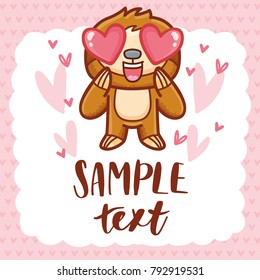 Cute Sloth character with hearts in eyes, admiring, madly in love with place for your text. Hand drawn romantic love illustration in cartoon doodle style