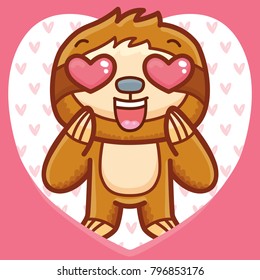 Cute Sloth character madly in love on romantic pink background in heart shape. Vector illustration art in cartoon, doodle hand drawn style: for Valentine Day cards, poster, wedding, invitation