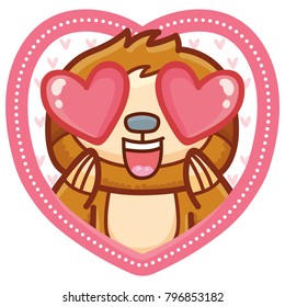 Cute Sloth character madly in love on romantic pink background in heart shape. Vector illustration art in cartoon, doodle hand drawn style: for Valentine Day cards, poster, wedding, invitation