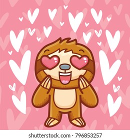 Cute Sloth character madly in love on romantic pink background with hearts. Vector illustration art in cartoon, doodle hand drawn style: for Valentine Day card, poster, wedding, invitation