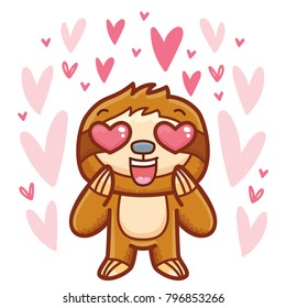 Cute Sloth character madly in love on romantic pink background with hearts. Vector illustration art in cartoon, doodle hand drawn style: for Valentine Day card, poster, wedding, invitation