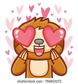 Cute Sloth character madly in love on romantic pink background with hearts. Vector illustration art in cartoon, doodle hand drawn style: for Valentine Day card, poster, wedding, invitation