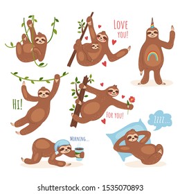 Cute sloth character performing different activities set vector illustration. Smiling and pretty animal relaxing, drinking morning coffee, holding green roots with child. Isolated on white background