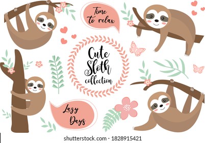 Cute sloth character set. Collection of design elements with trees, plants, flowers. Kids baby clip art funny smiling forest animal, sticker. Vector illustration