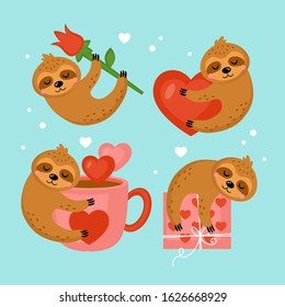 Cute sloth character set for Valentines day holiday. Vector illustration