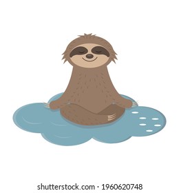 Cute sloth character sitting and meditating on a cloud with eyes closed, color isolated boho style illustration