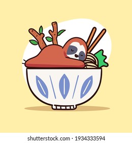 Cute Sloth Character Sleep on a bowl of ramen illustration