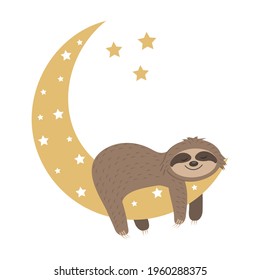 Cute sloth character sleeping on the Moon, color isolated boho style illustration