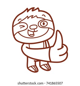 Cute Sloth character: thumb up, like sign, happy, smiling emotion. Set of vector outline hand drawn style, doodle cartoon illustration as logo, mascot, sticker, emoji, emoticon
