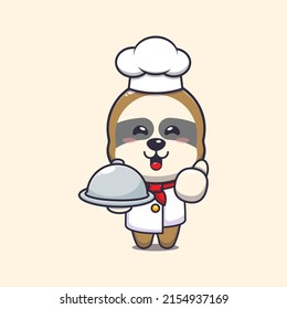 cute sloth chef mascot cartoon character with dish
