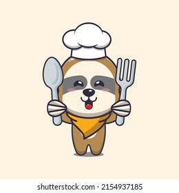 cute sloth chef mascot cartoon character holding spoon and fork 